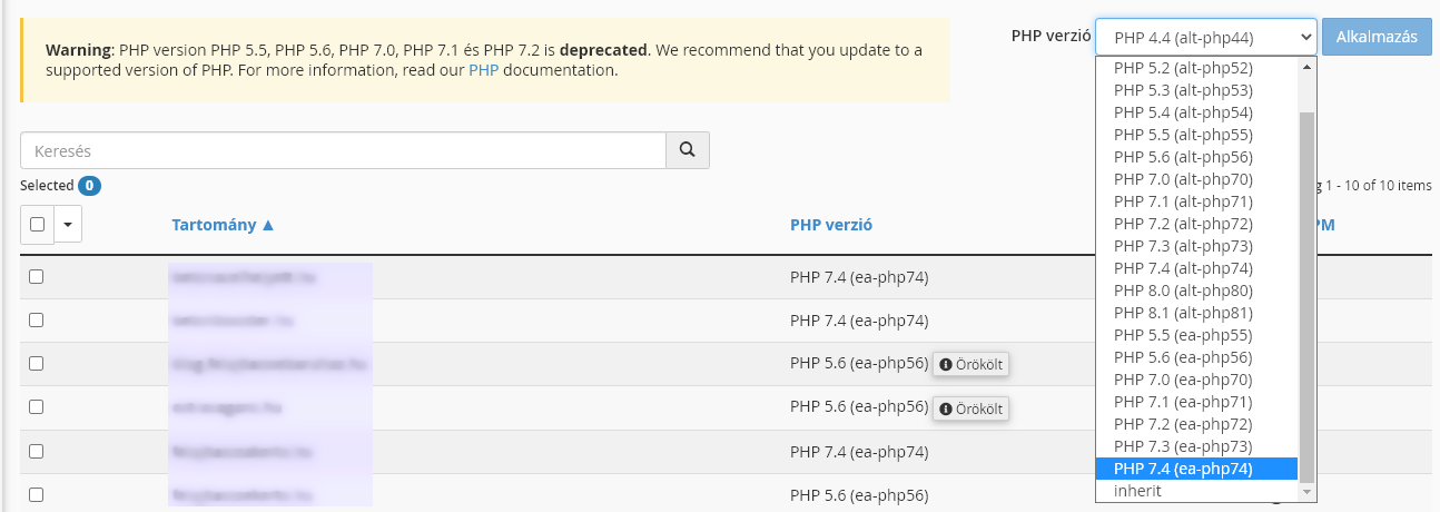 PHP verzióváltás domainenként