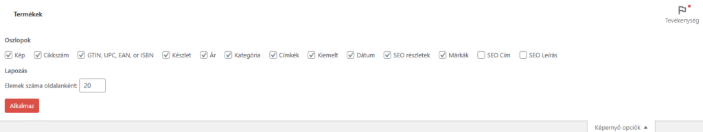 WooCommerce termékek - képernyő opciók